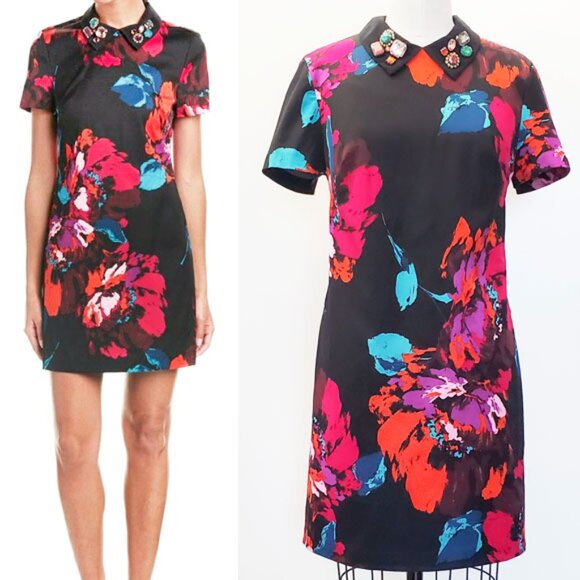 Trina Turk Womens Black Bright Floral Print Jeweled Collar Shift Dress 10 - Picture 1 of 11